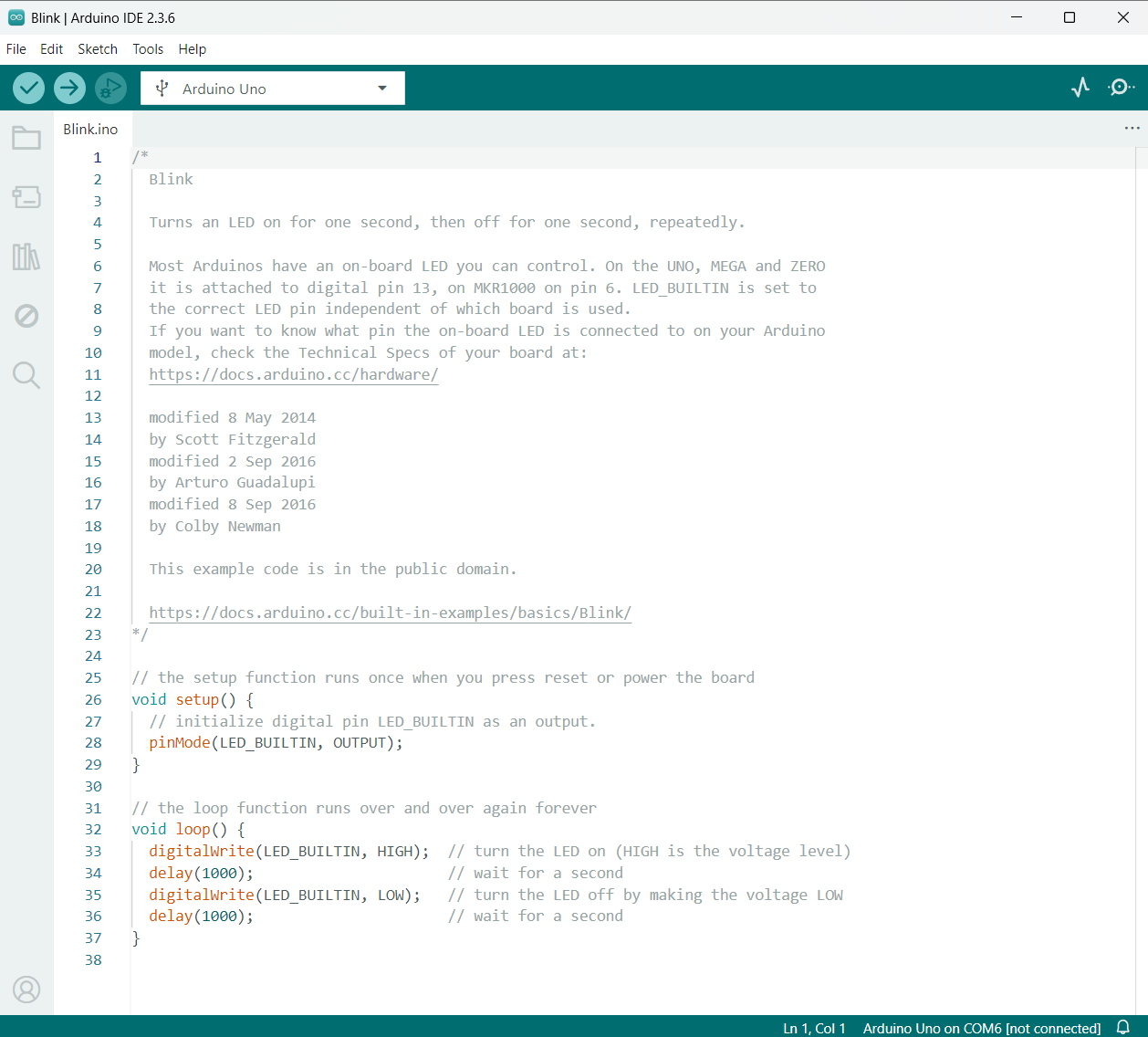 From teams I downloaded the blink code that programs the Arduino Uno board to blink for a certain amount of time within a certain amount of time (It's adjustable in the code).