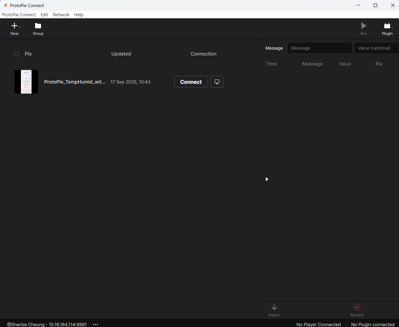 We also dowloaded ProtoPie Connect, which is an extension for ProtoPie that allows us to prototype with other devices, displays, hardware, and APIs. I'm using it to connect the ProtoPie interface with the Arduino Uno board.