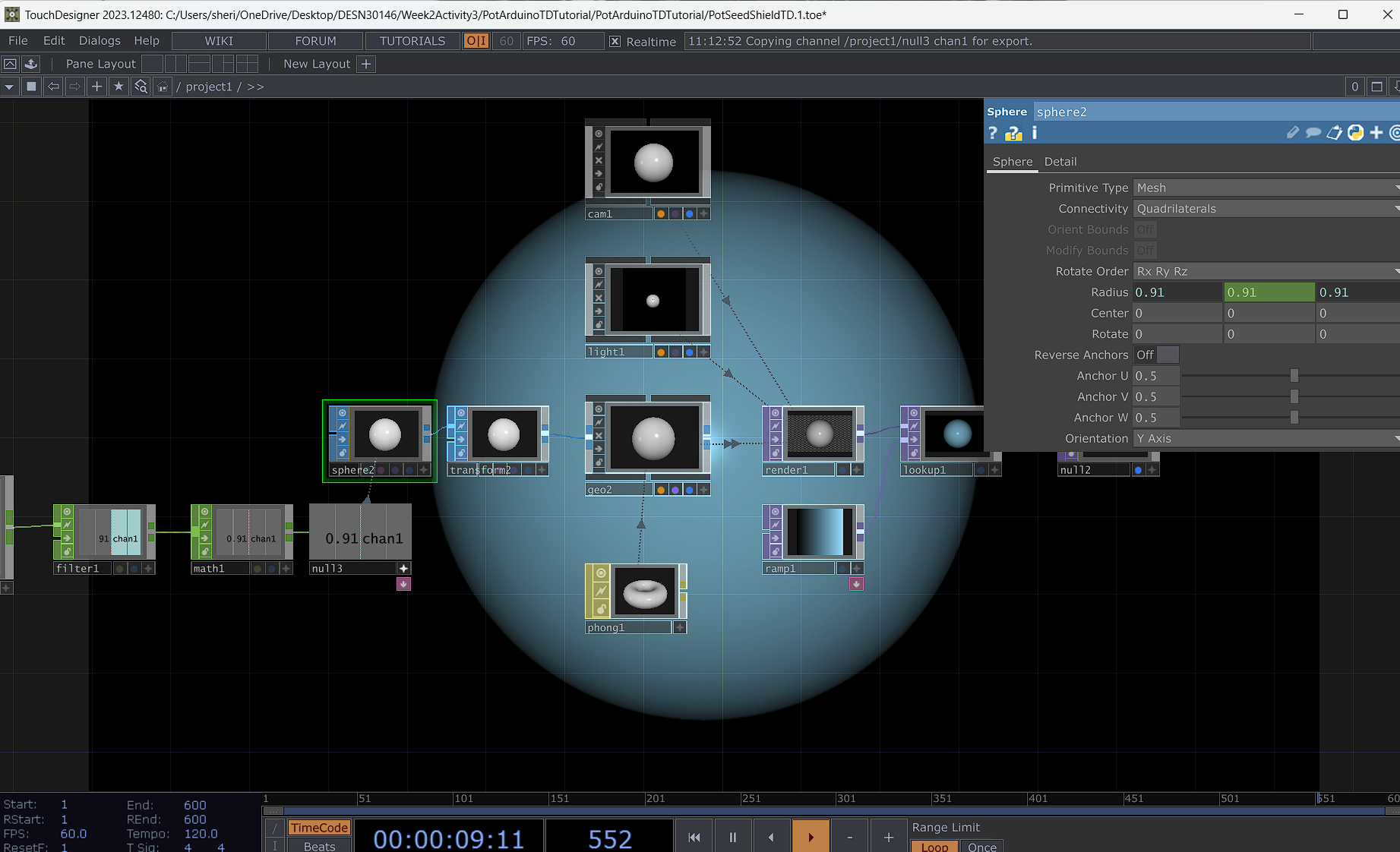 Following along with the steps Steve showed us in class, we created a code on our own. During this process, I've learned more about the tools it provides, and how to use and design with TouchDesigner.